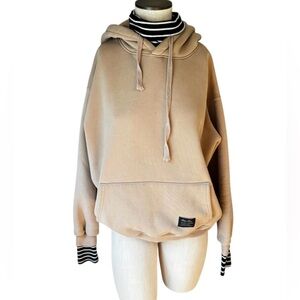 Blue Tree Women’s Tan Hoodie Attached Turtleneck And Cuffs Pouch Pocket Sz L